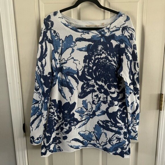 Soft Surroundings Blue & White Breathable Knit Floral Sweater - Picture 2 of 16